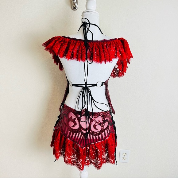 Disco X Lux OOAK Red Wedding Sequin 4 Piece Ruffle Skirt & Arm Warmers Set - Picture 8 of 11